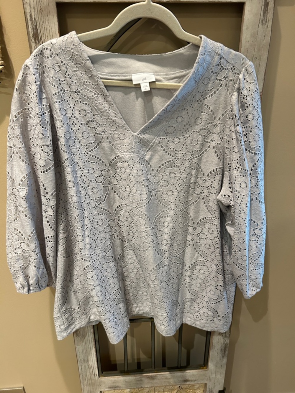 J. Jill Light Gray Lace V-Neck Top